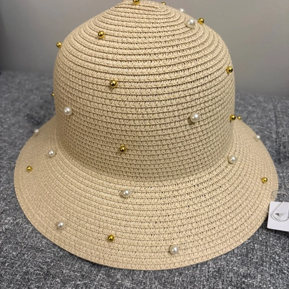 Liz Claiborne Cream Hat with Pearl and Gold Accents