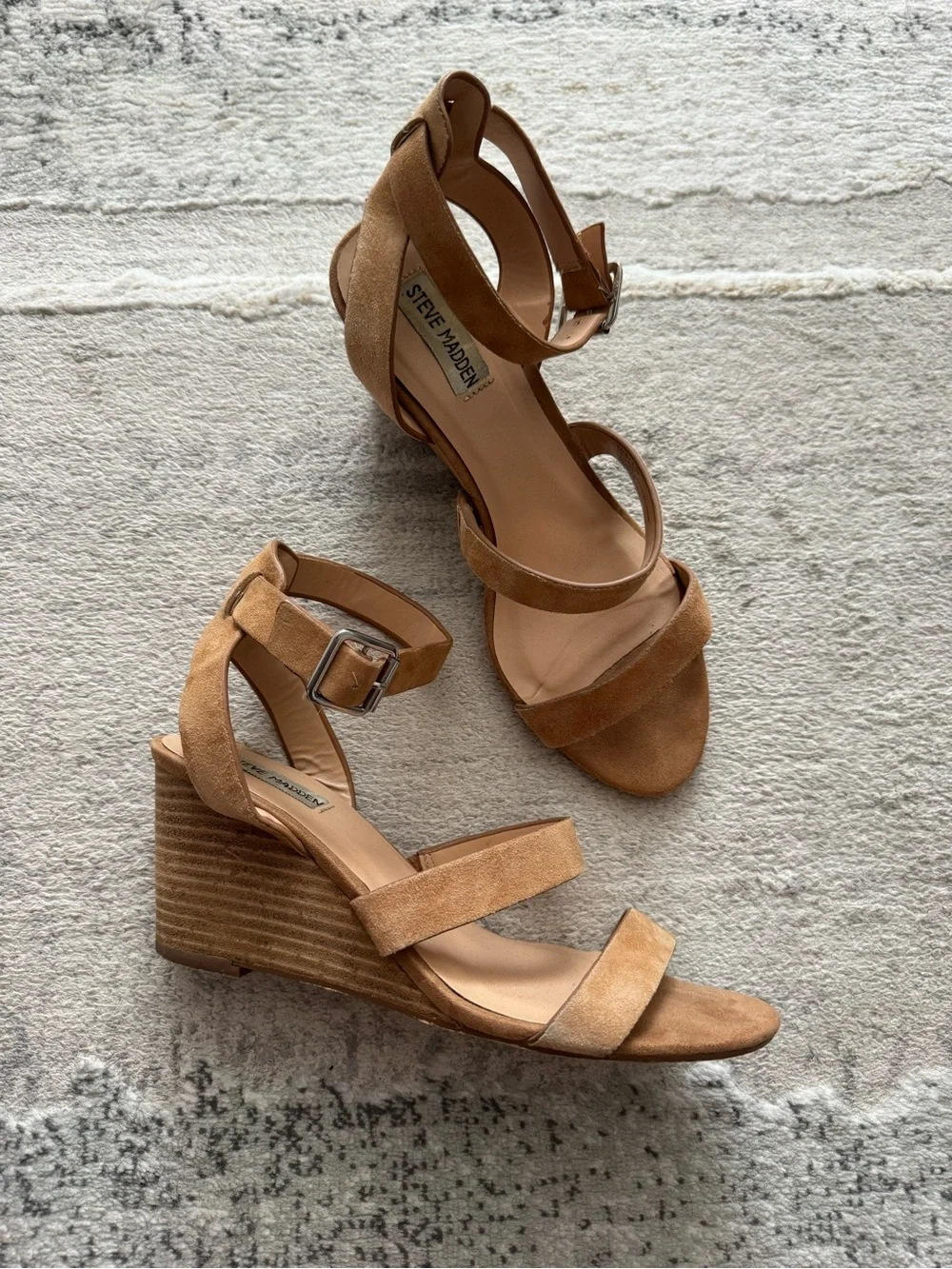 Steve Madden Caley leather suede caramel tan strappy wedge sandals