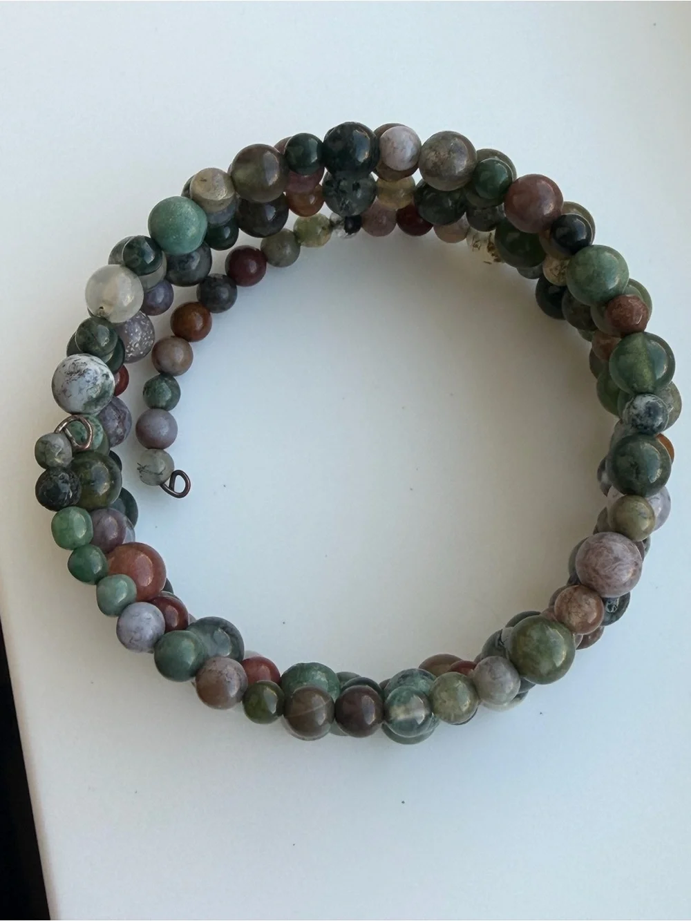 Multicolor Graduated Natural Stone Bead Memory Wire Bracelet - Green Accents