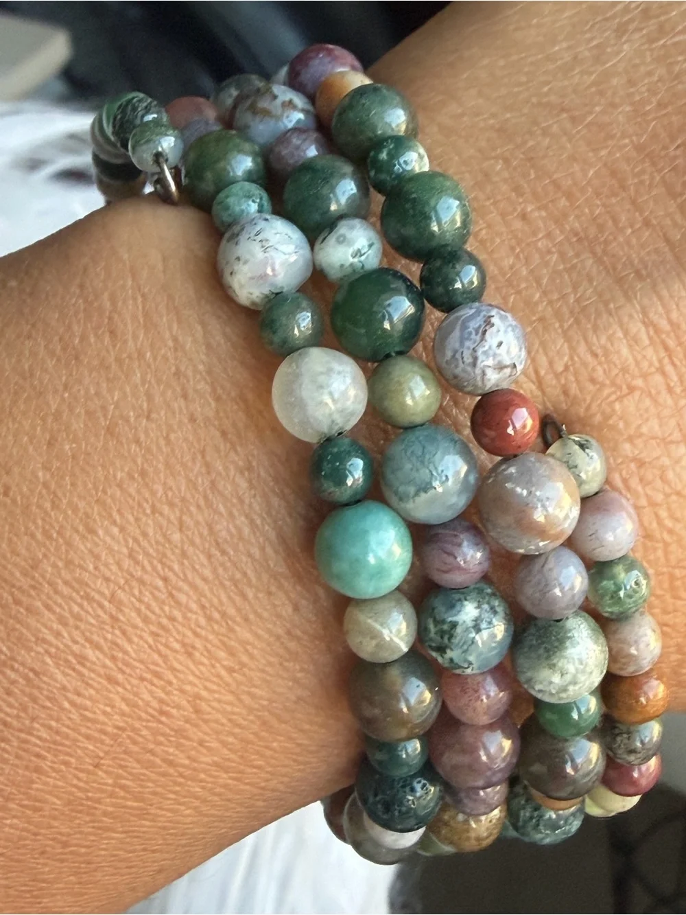 Multicolor Graduated Natural Stone Bead Memory Wire Bracelet - Green Accents