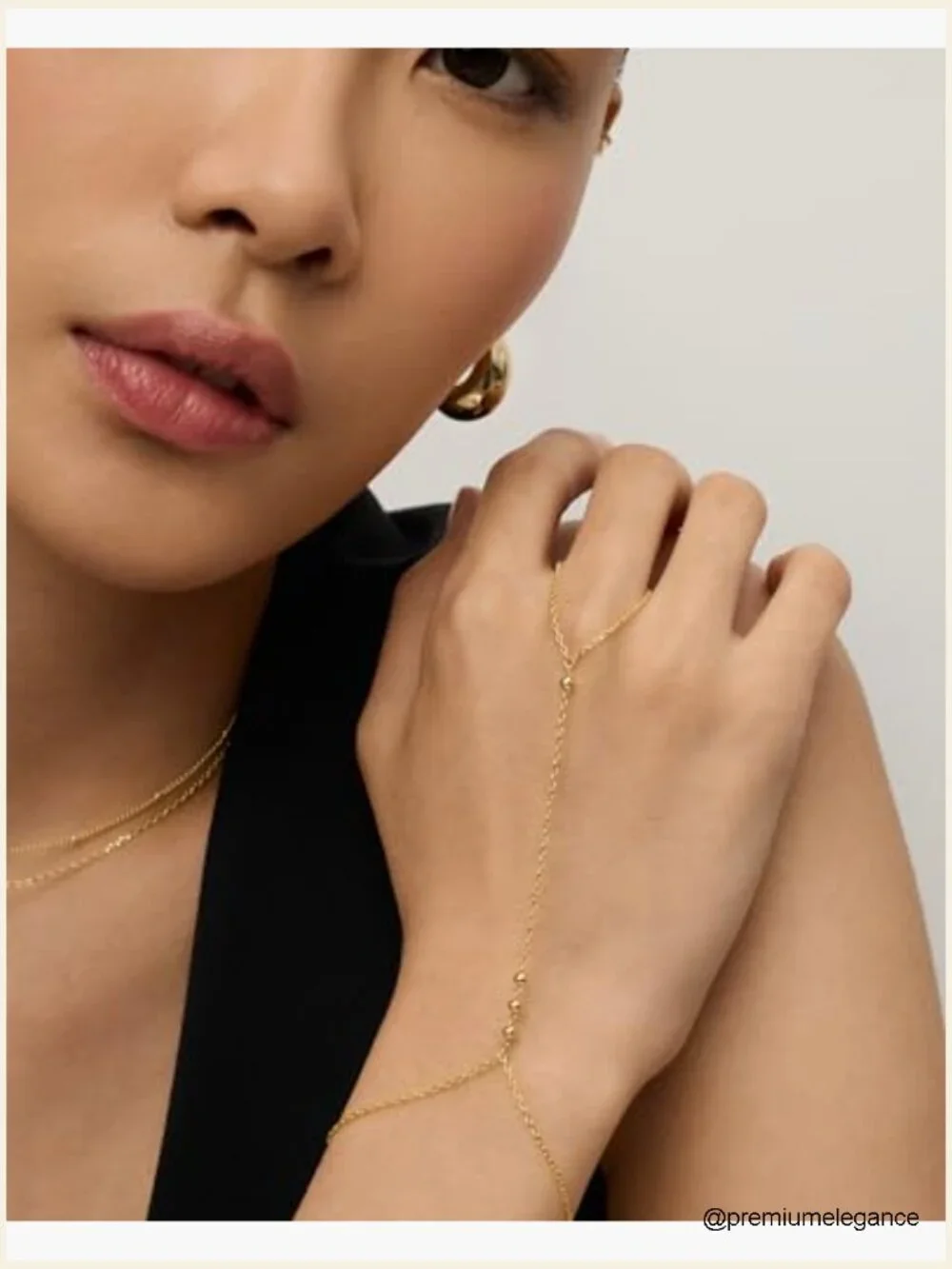 14K Gold Plated Hand Chain Bracelet with Ring - Dainty Adjustable Body Jewelry