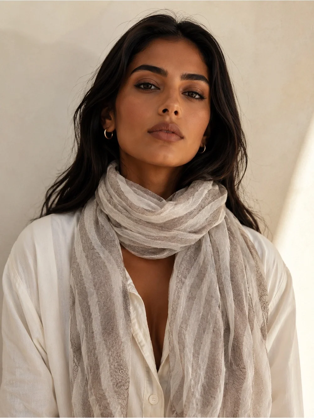ADEAM Ivory Taupe Abstract Sheer Scarf 19” x 72” NWOT MSRP $425