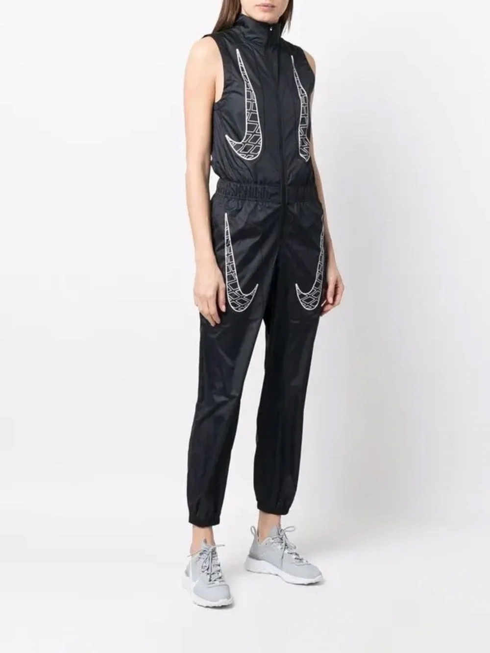 Nike Black Sleeveless Zip-Front Jumpsuit with White Swoosh Graphics XS