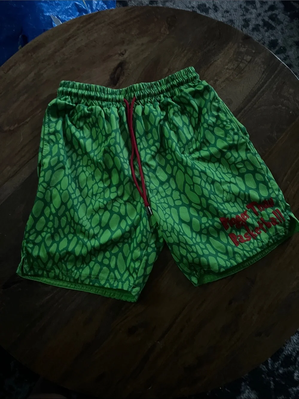 Grinch Patterned Athletic Shorts with Red Drawstring- bigger than Basketball
