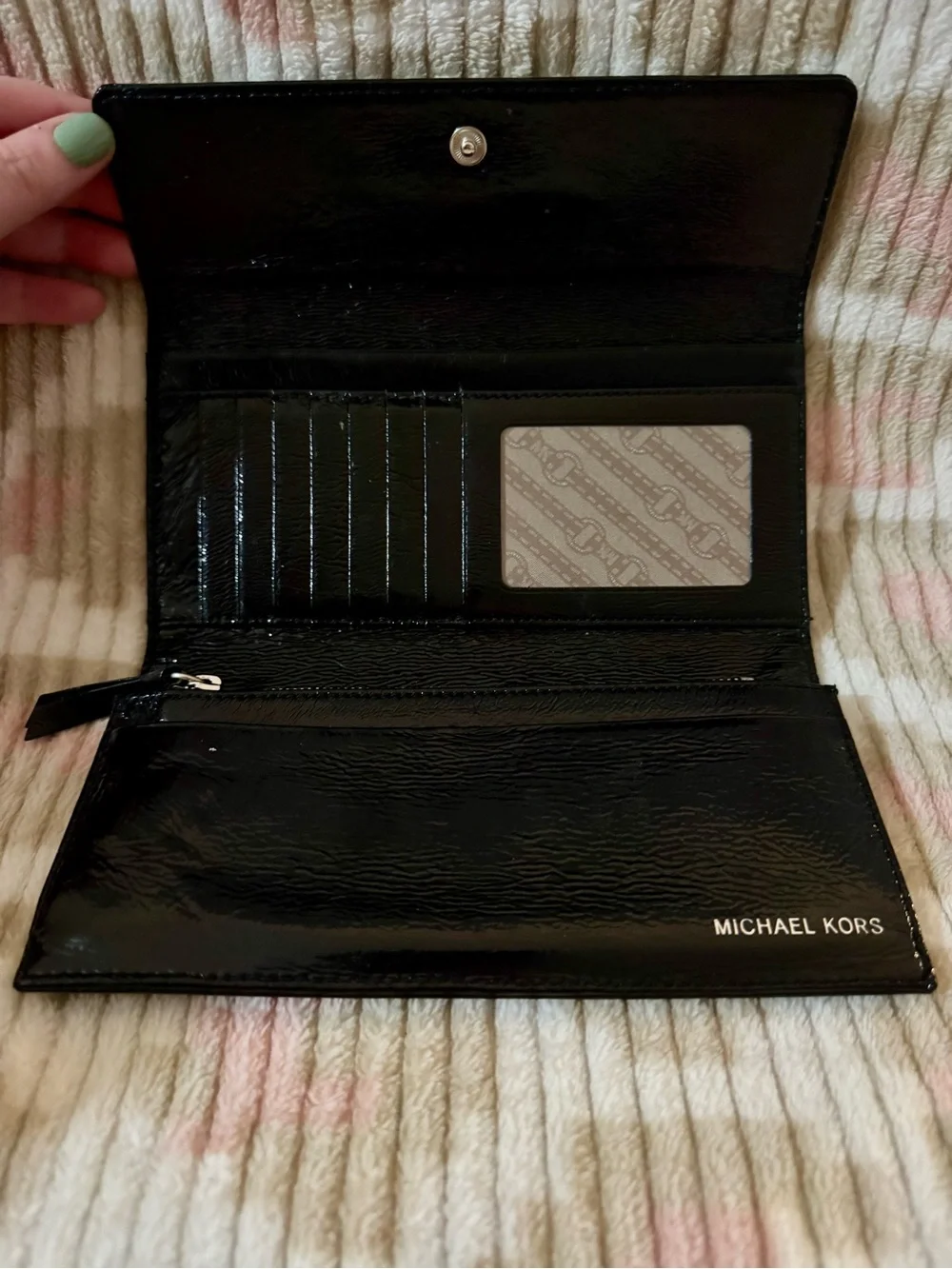Michael Kors Black Patent Leather Continental Clutch Wallet with Silver Hardware