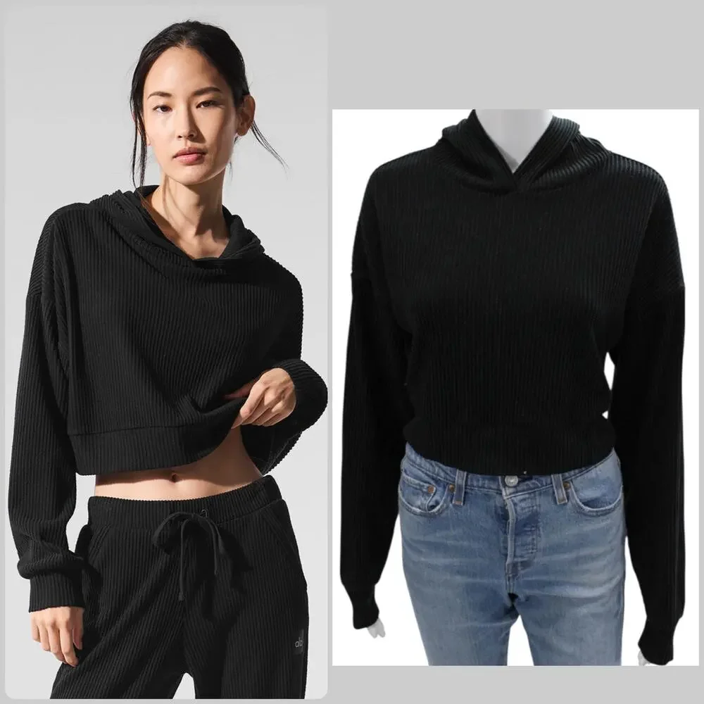 Alo Yoga Muse Hoodie Black Cropped Ribbed Lounge Sweatshirt XS Soft Plush Studio