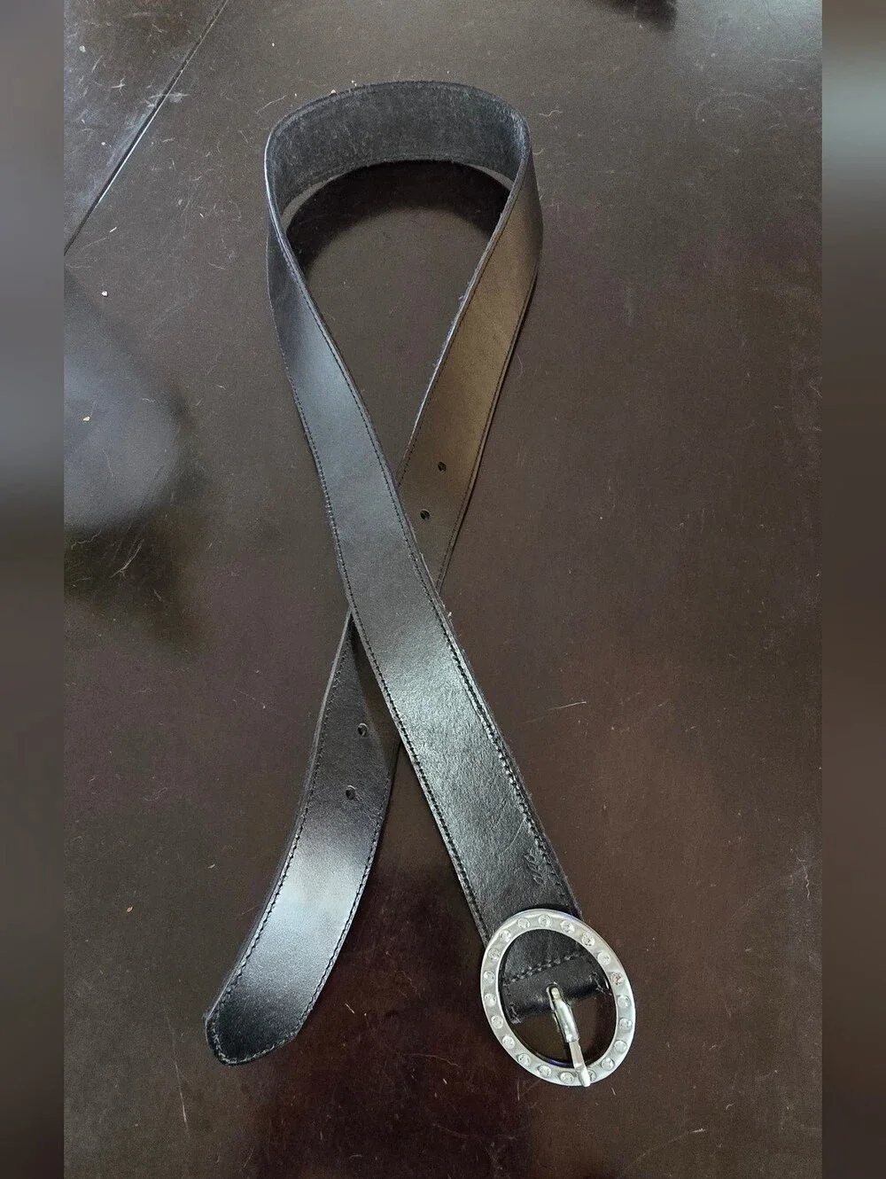 Black Leather Belt with Decorative Oval Buckle