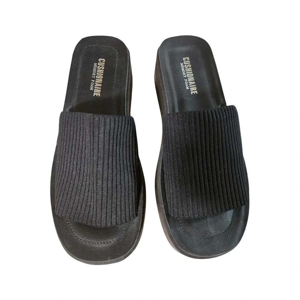 Cushionaire Women Black Ribbed Pim Knit Platform Slide Sandals Memory Foam 8.5