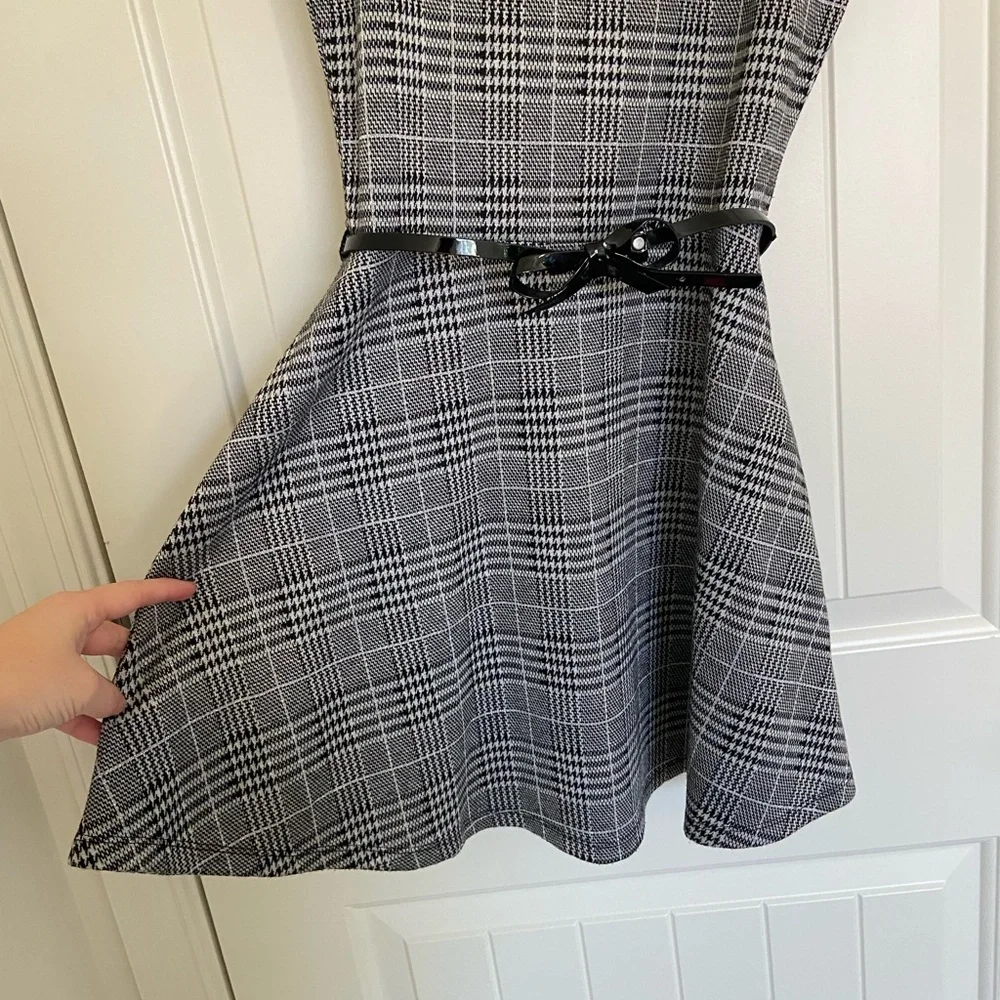 EUC Children’s Place girl’s black white plaid bow belt zip dress‎ size 12