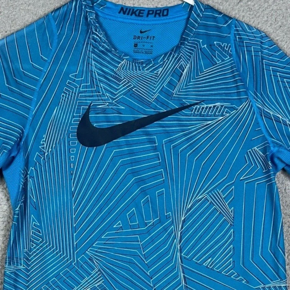 Nike Pro T-Shirt Mens XL Blue Dri-FIT Geometric Big Swoosh Training Short Sleeve