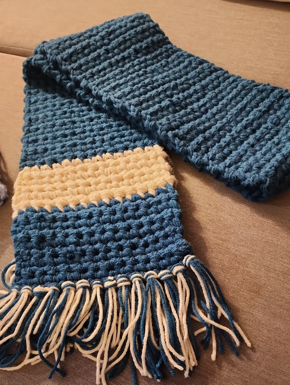 Handknit   Crochet  Chunky Smart Winter Woollen Scarf in Teal and Cream