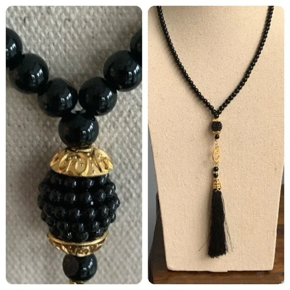 Black Bead Gold Tone Tassel Necklace Long Art Deco Flapper Style