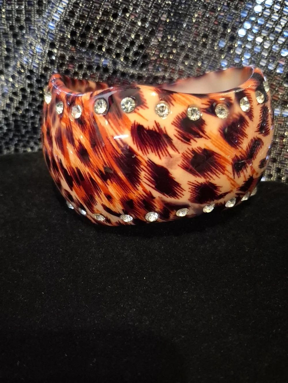 Leopard Print Resin Bangle Bracelet with Clear Rhinestone Accents - Brown