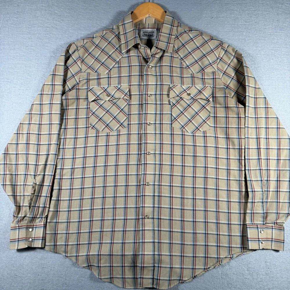 Levis Mens Vintage Western Pearl Snap Shirt Tan Plaid Long Sleeve Large WPL 423