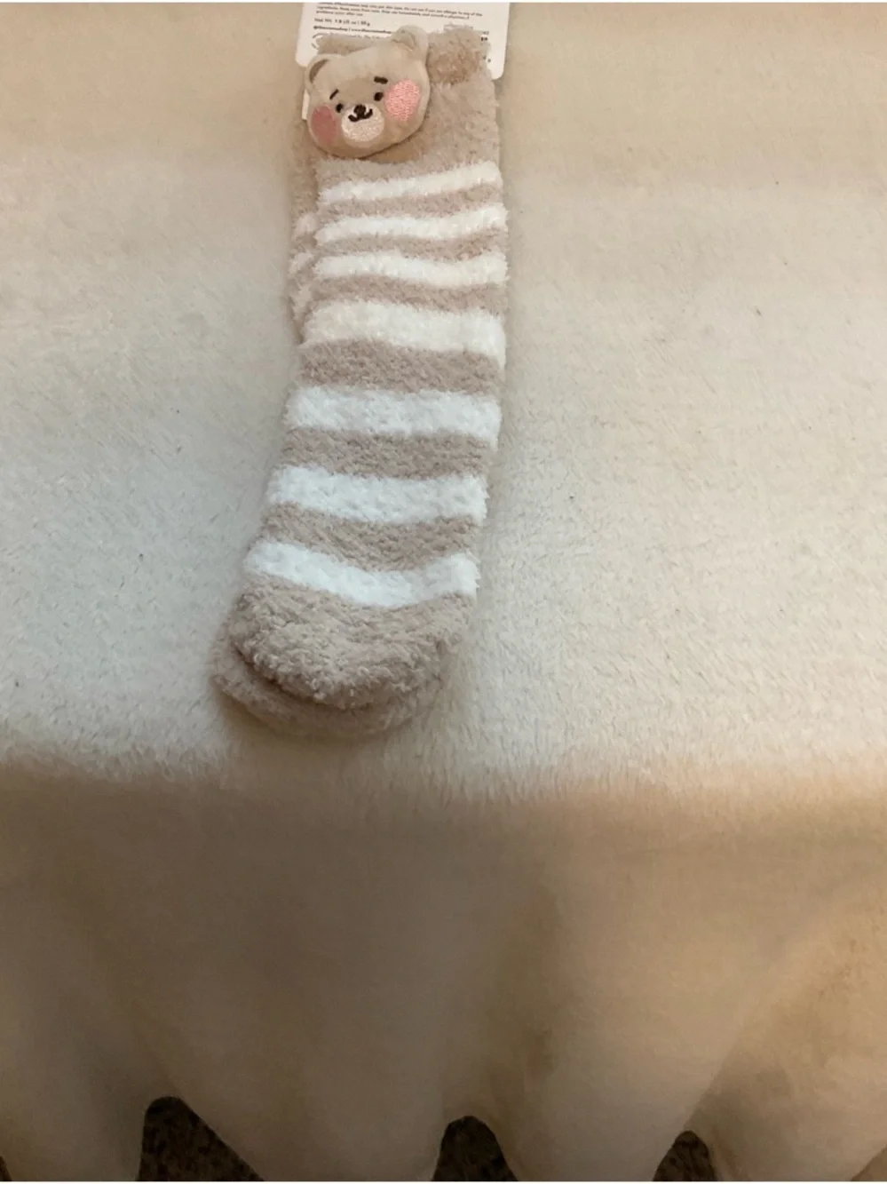 Cozy Bear Plush-Top adults Fuzzy Knee-High Socks - Beige & White