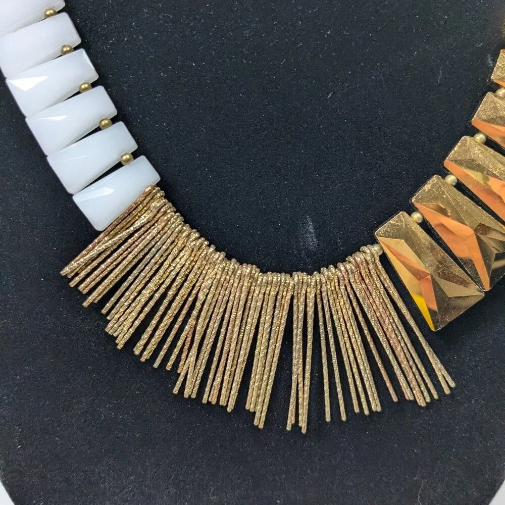 Nakamol Asymmetrical Bib Statement Necklace Gold Tone White Beaded Avant Garde