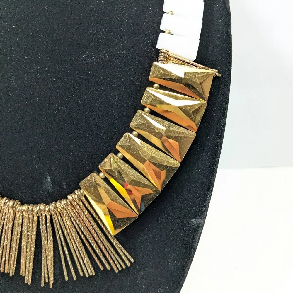 Nakamol Asymmetrical Bib Statement Necklace Gold Tone White Beaded Avant Garde