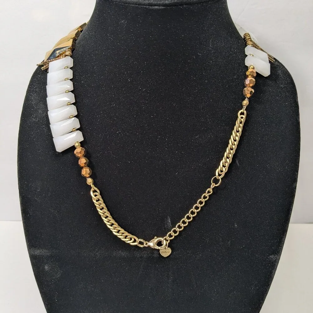 Nakamol Asymmetrical Bib Statement Necklace Gold Tone White Beaded Avant Garde