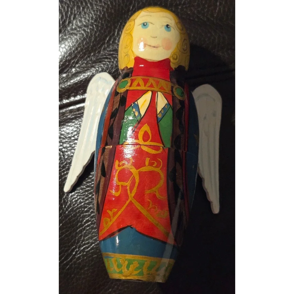 Vintage Russian Hand Painted Wooden Angel Nesting Dolls Matryoshka 3 Piece