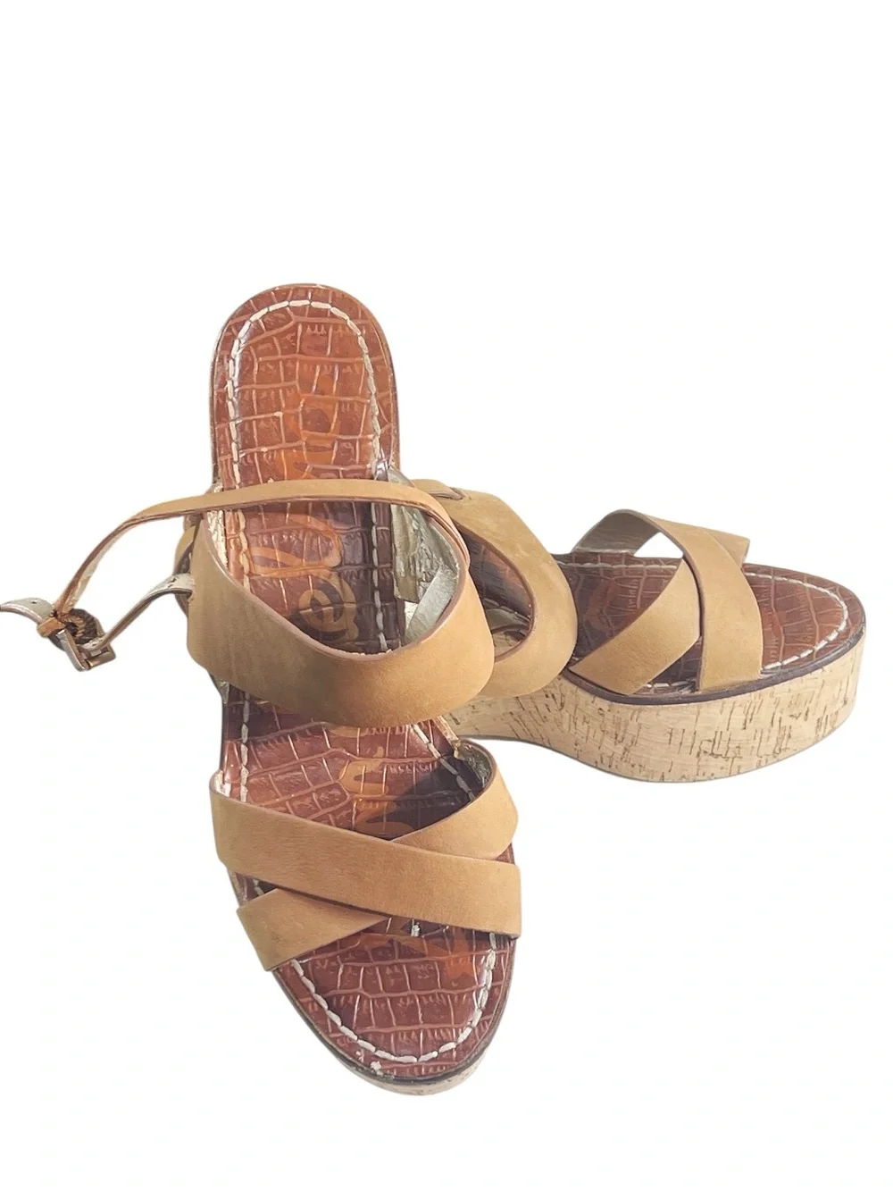 Sam‎ Edelman Destiny Tan Leather and Cork Platform Wedge Sandals Boho Summer