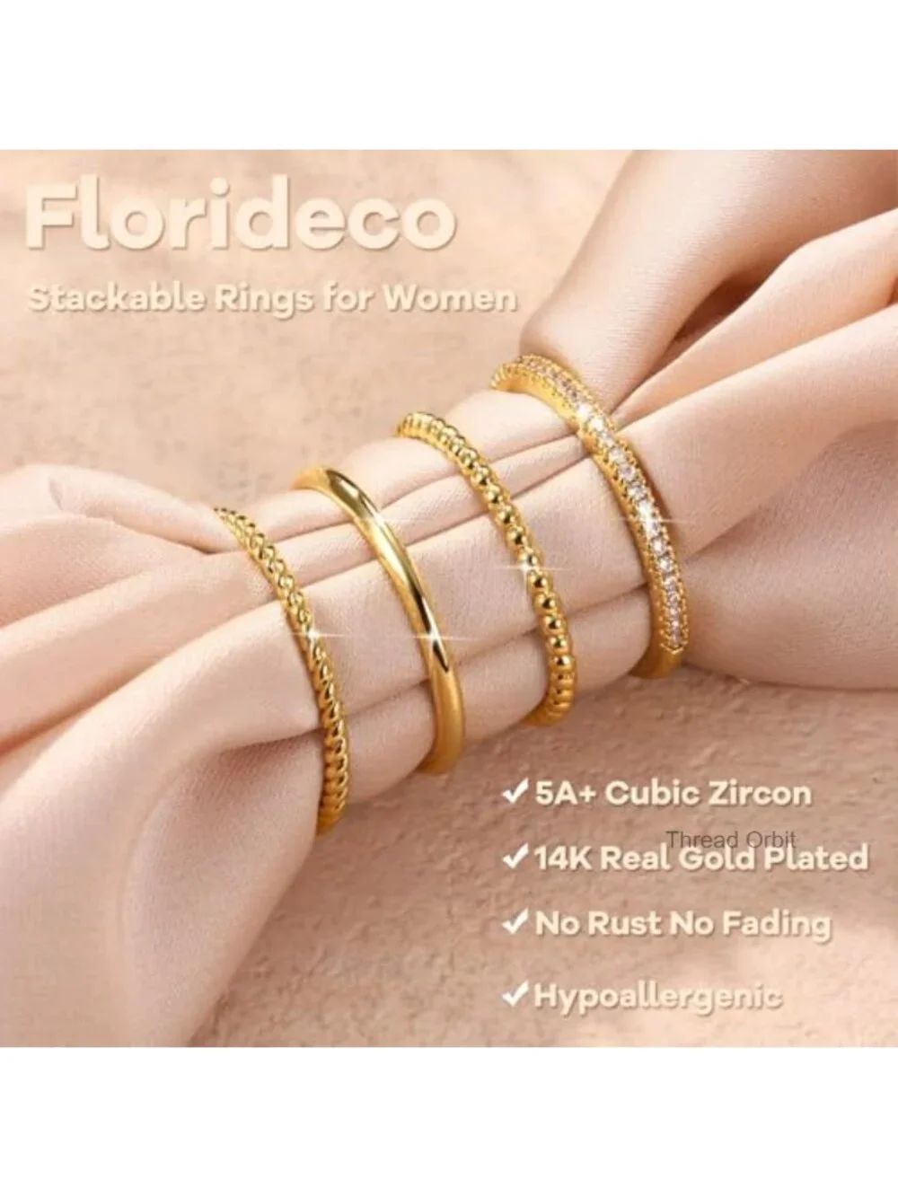 14K Gold Plated Stackable Ring Set Dainty Thin Rings Cubic Zirconia