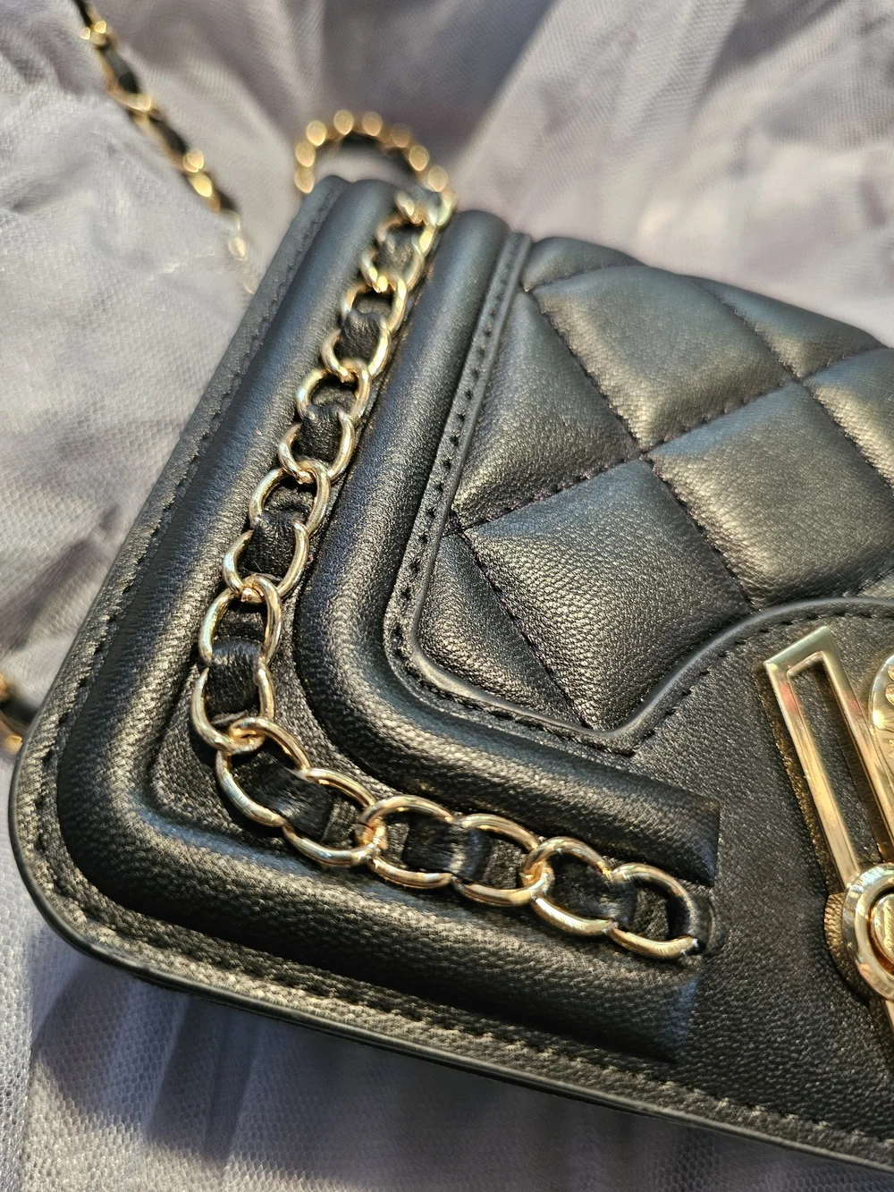 Valentino Orlandi Black Quilted Crossbody with Gold Chain Strap