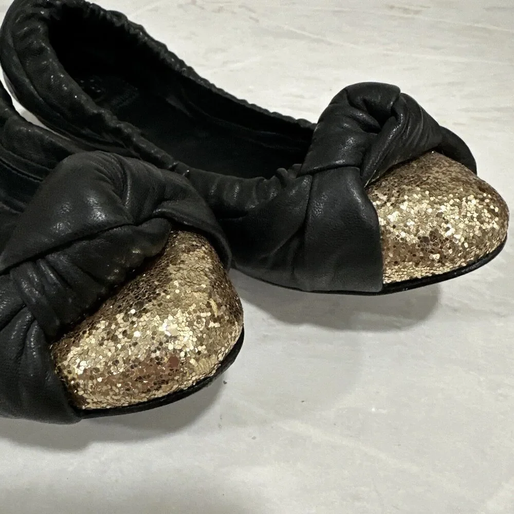 TORY BURCH KATIE BLACK LEATHER GOLD GLITTER TOES BALLET FLATS,Size 7 M EUC