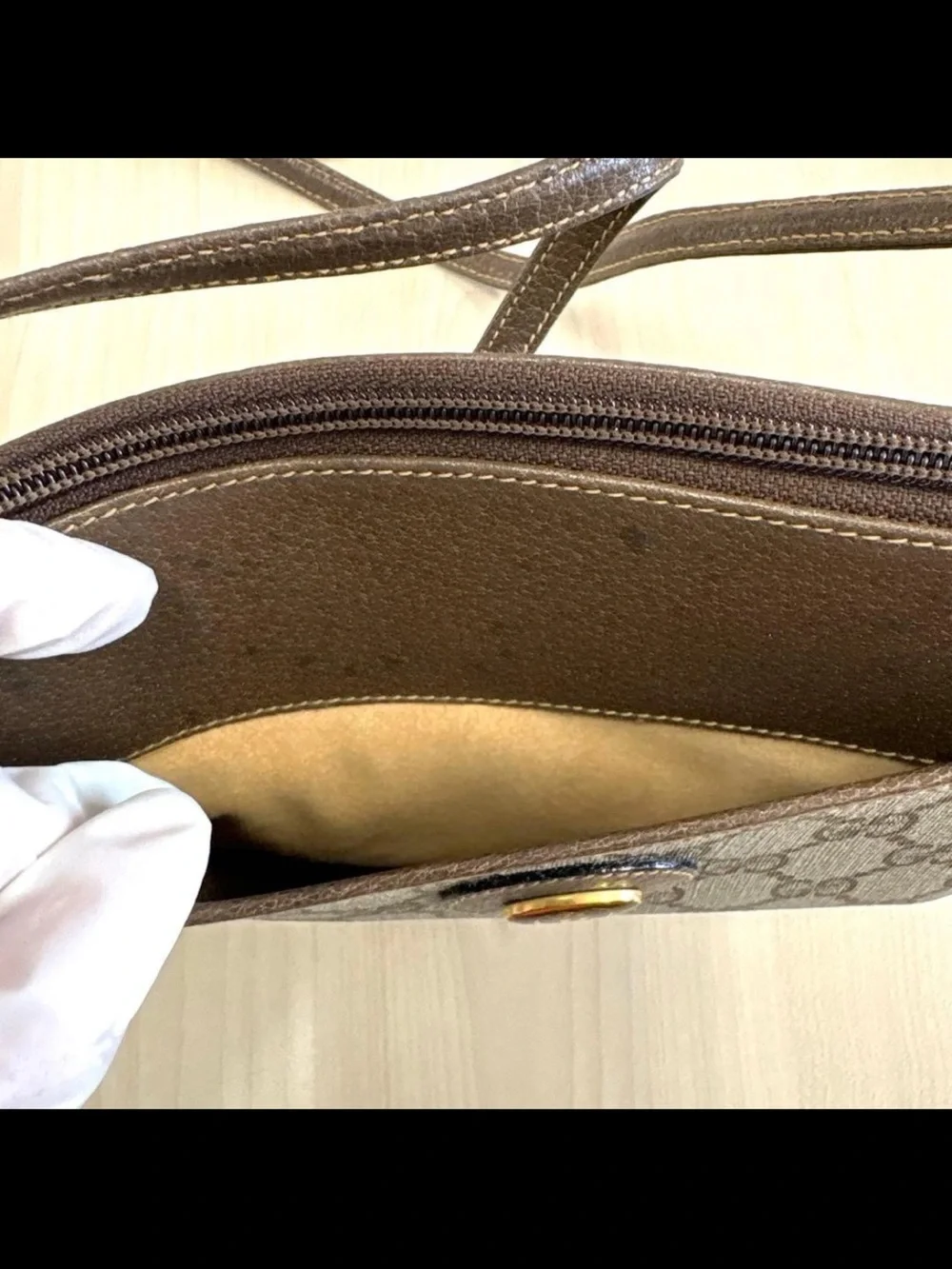 Gucci Beige/Brown Monogram Crossbody Bag with Gold-Tone GG