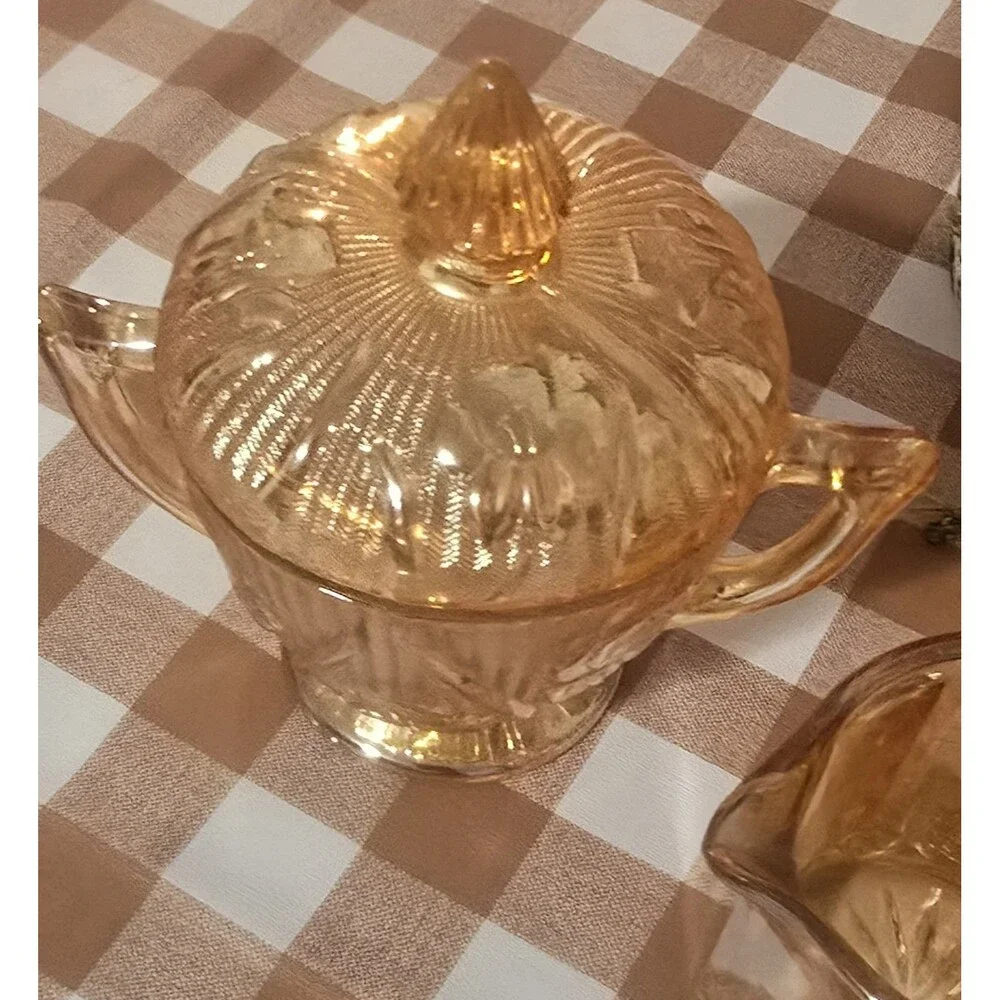 Vintage Marigold Carnival Glass Covered Sugar & Creamer