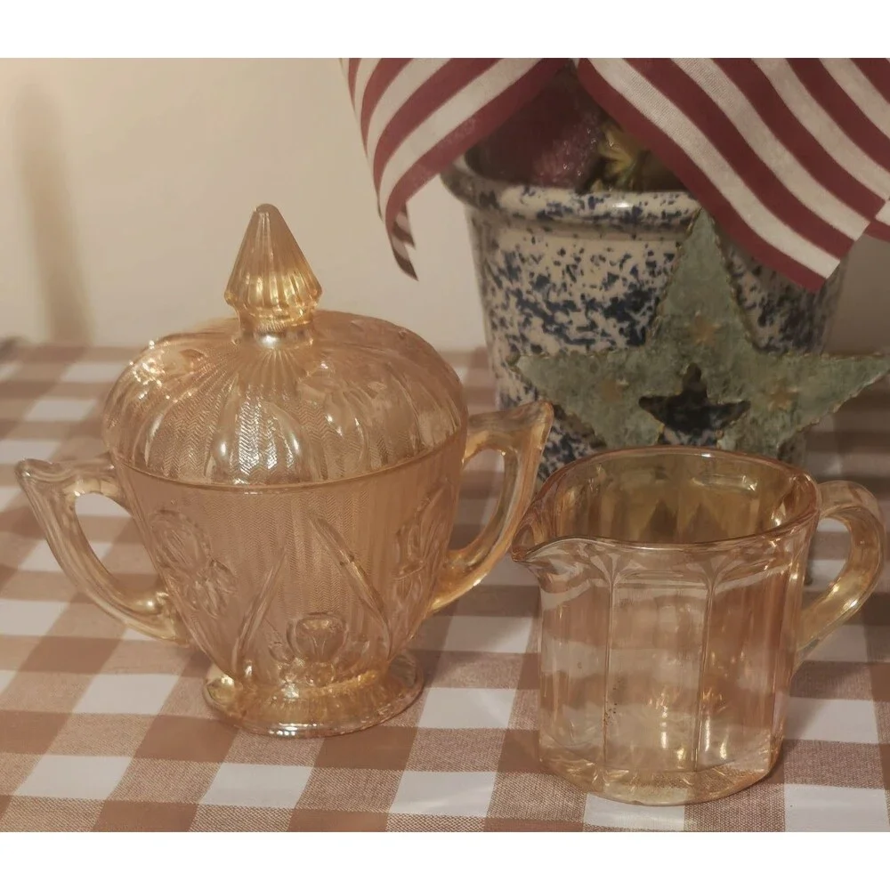 Vintage Marigold Carnival Glass Covered Sugar & Creamer