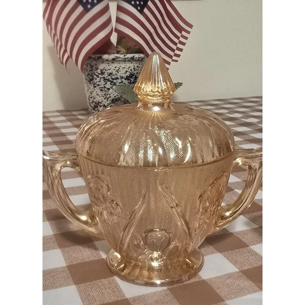 Vintage Marigold Carnival Glass Covered Sugar & Creamer