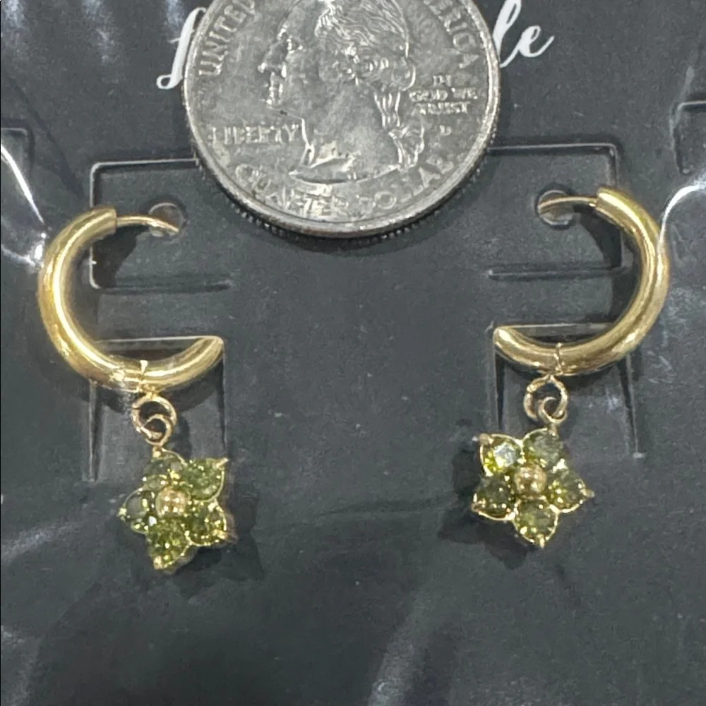 Peridot Flower Huggie Hoop Earrings 18K Gold Plated Waterproof NWT