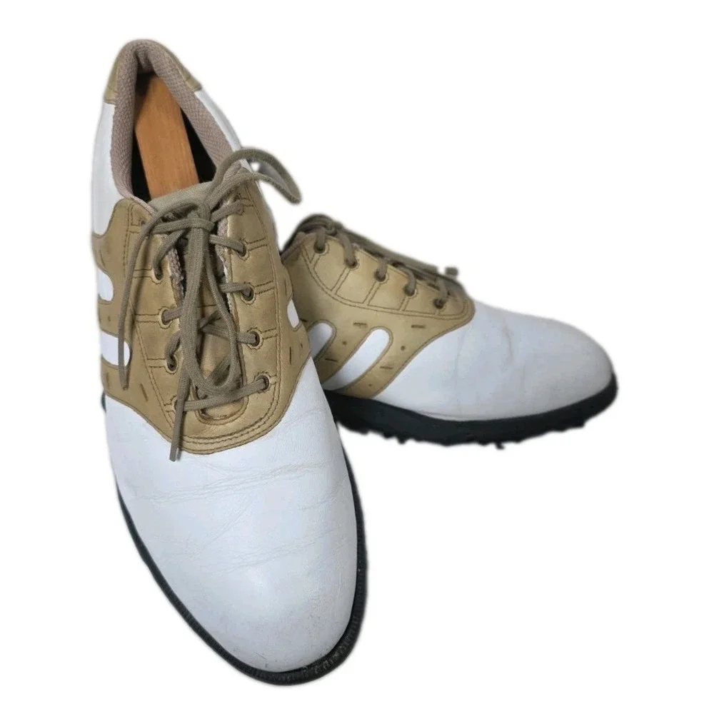 Adidas Z-Traxion Mens Golf Shoes Size 10 - White/Tan Leather Cleats (Beginner/Be