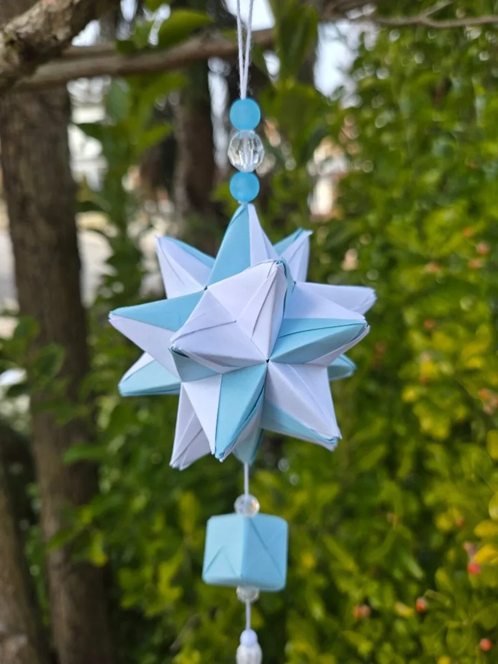 Handmade Kusudama Ornament | White & Blue Box Tassel