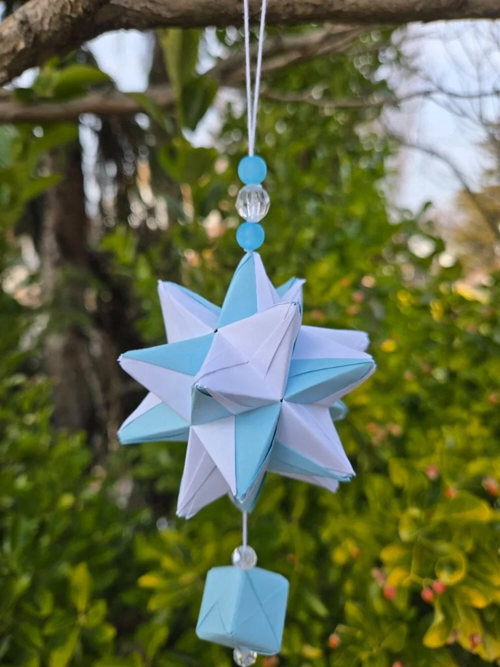 Handmade Kusudama Ornament | White & Blue Box Tassel