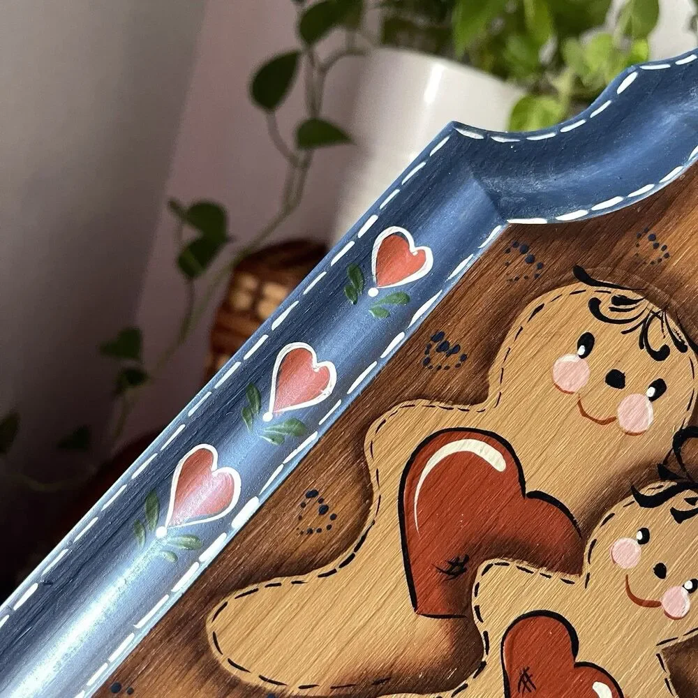 VTG Handmade Wood Gingerbread Hearts Towel Holder Farmhouse Folk Grandma Cottage