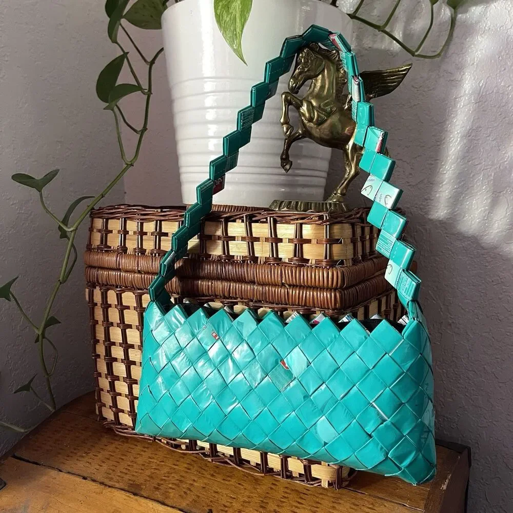 VTG Handmade Upcycled Bimbo Wrapper Woven Shoulder Bag Turquoise Wearable Art