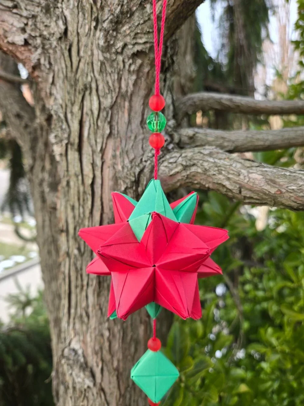 Handmade Kusudama Ornament | Red & Green Box Tassel