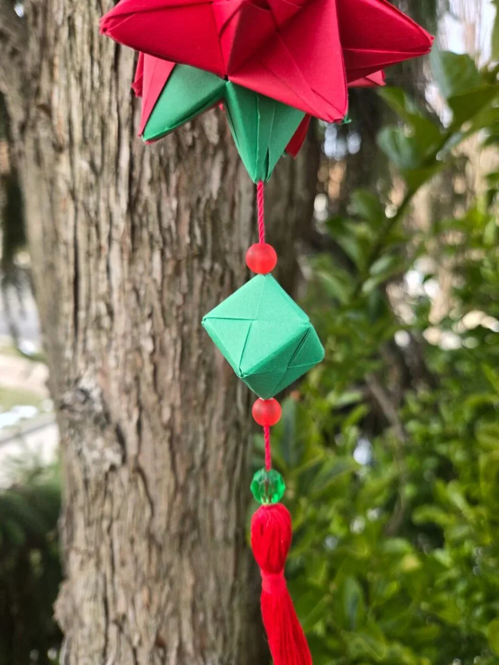 Handmade Kusudama Ornament | Red & Green Box Tassel
