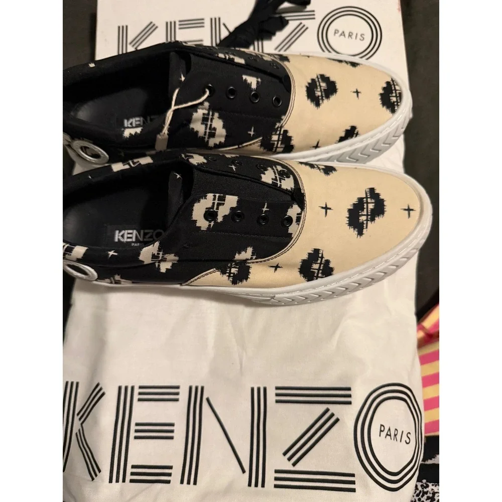 Kenzo K-Skate Lace Up Sneakers Printed Nylon Ikat Noir Black White 39 NEW