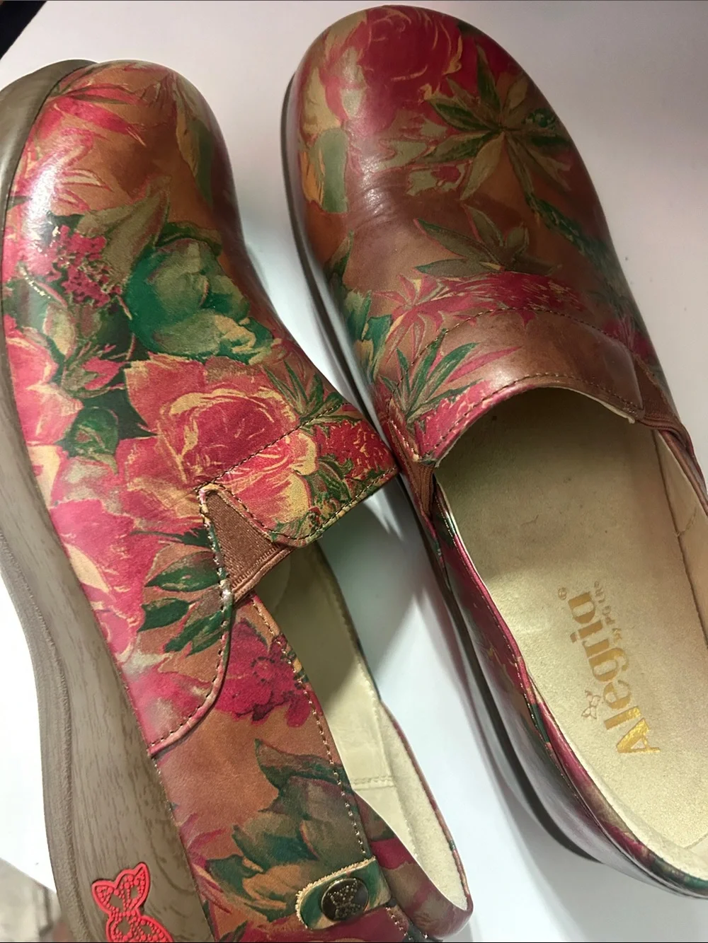 Alegria Pink and Green Floral Leather Slip-Ons