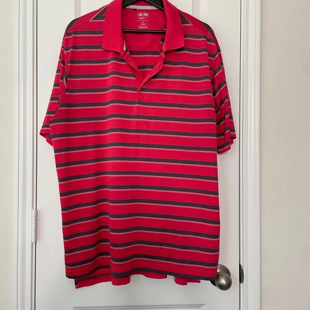 Adidas Men's Golf Climalite Polo Shirt Red Navy Blue Striped Short Sleeve XL