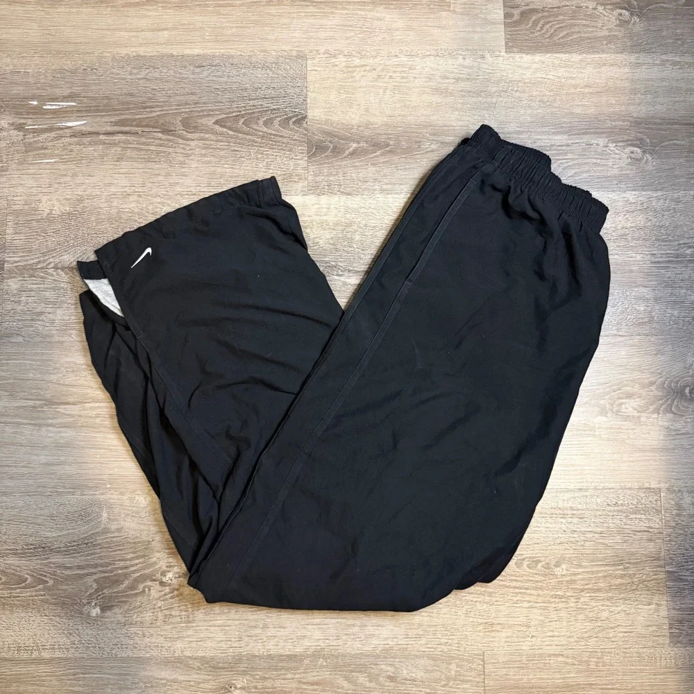 Nike Boys Black Nylon Track‎ Pants Jersey Lined Wide Leg Swoosh Youth L 12-14