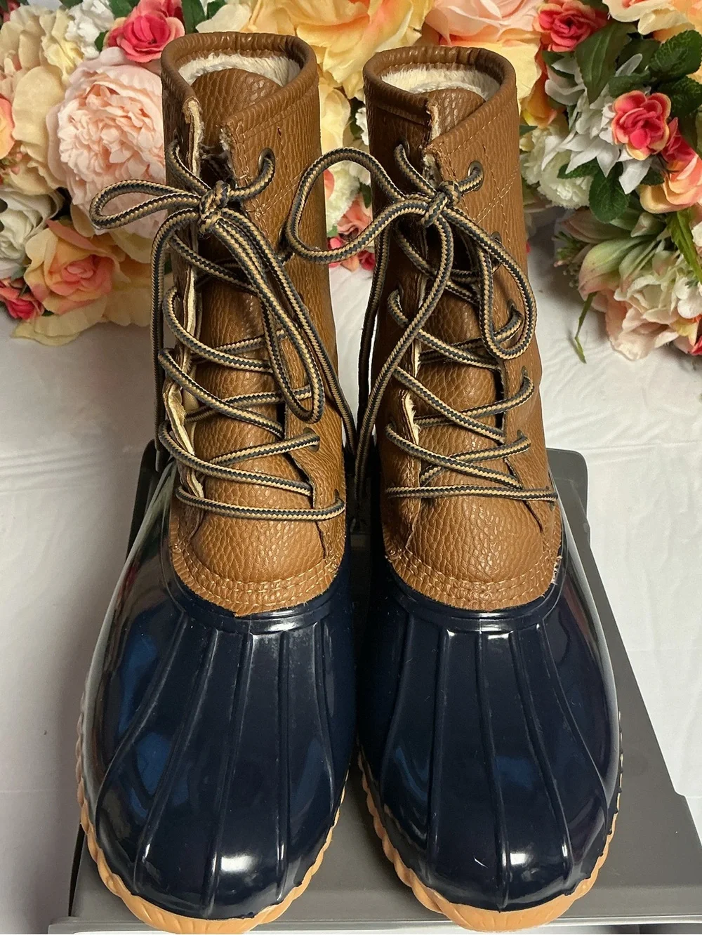 Sporto Dakota Duck Boots Women’s 8 Brown Navy Faux Fur Waterproof Rain Snow Lace