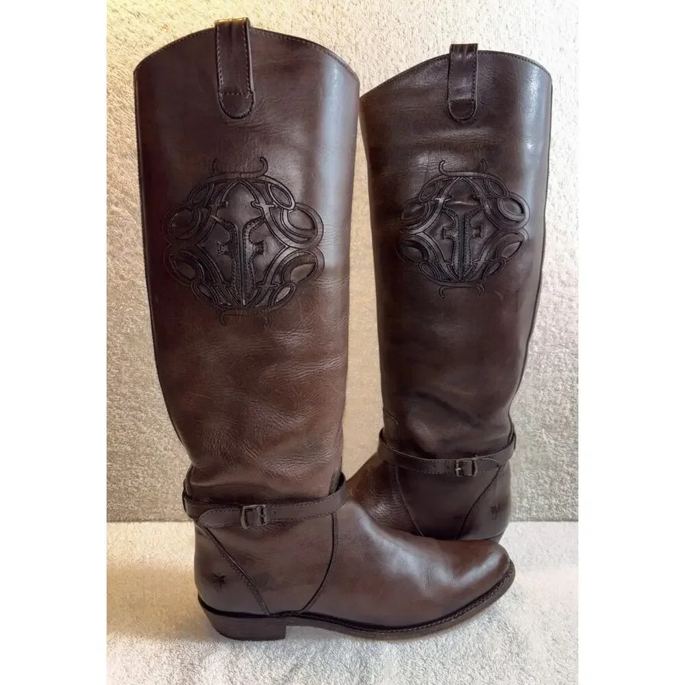 FRYE LOGO 76475 Cognac Leather Equestrian Riding Boots Women US 8.5 B