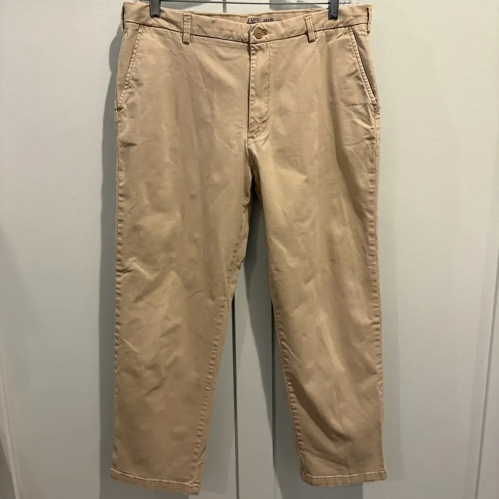 Izod Saltwater Chino Men Size 34x28 (Tag 36x30) Tan Khaki Pants Straight Stretch