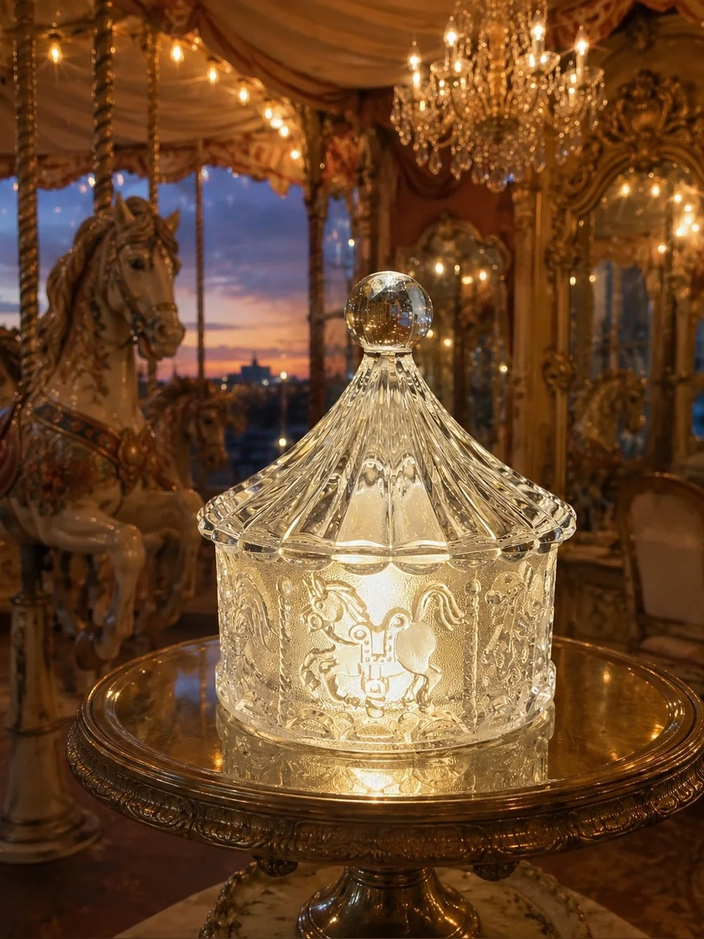 Vintage Goebel Carousel Circus Candy Dish Fairy Lamp Crystal Glass