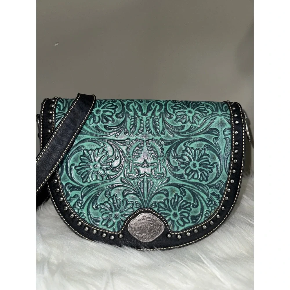 Trinity Ranch Western Tooled Faux‎ Leather Crossbody Bag Turquoise Black Studded