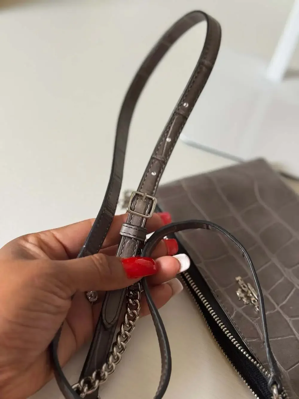 COACH Zip Top KYLIE Crossbody Gray Textural Leather Reptile Print Slim Swing Bag