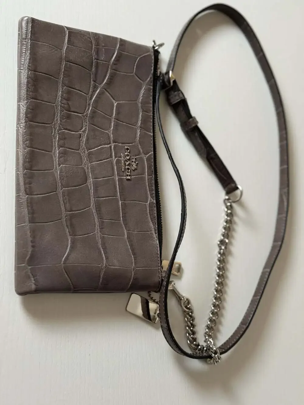 COACH Zip Top KYLIE Crossbody Gray Textural Leather Reptile Print Slim Swing Bag